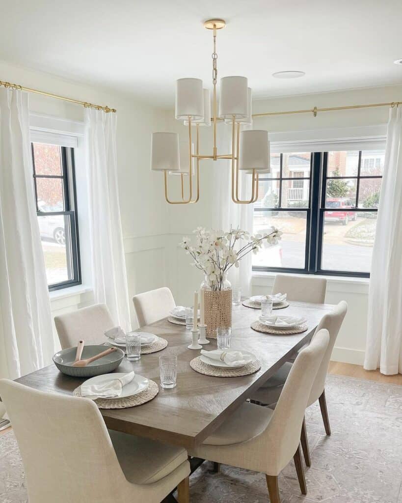 Dining Room With a Gold Low-ceiling Chandelier