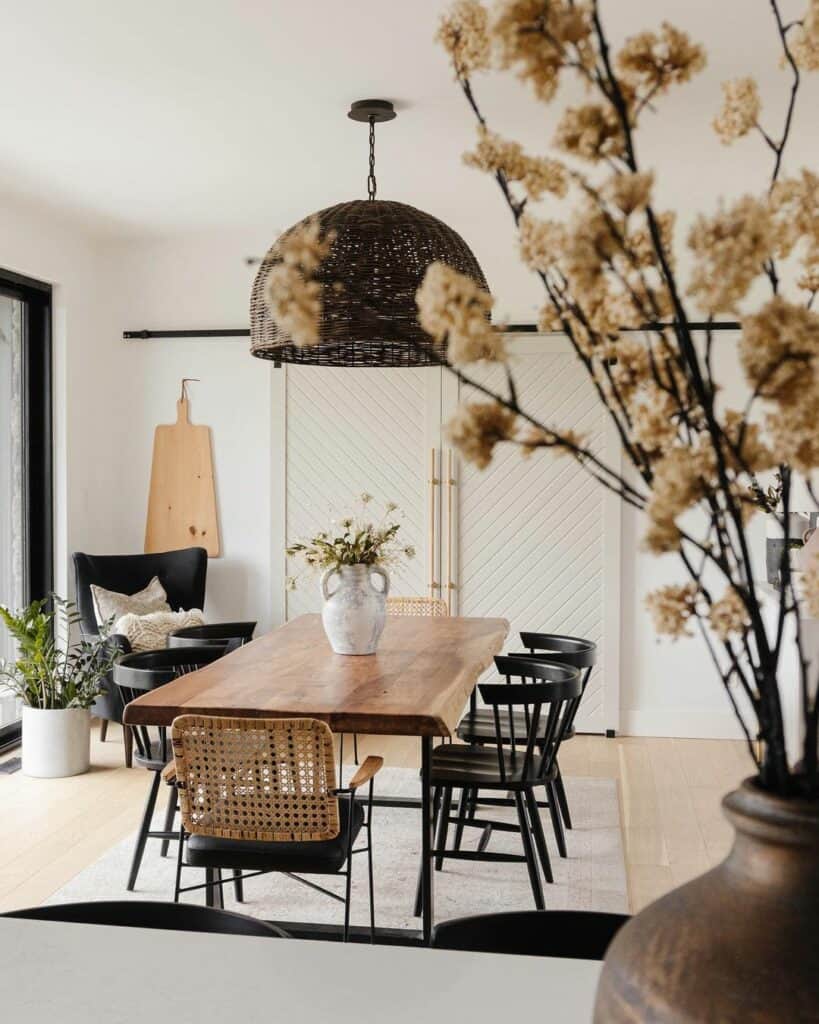 Dining Room With a Massive Woven Pendant Lighting