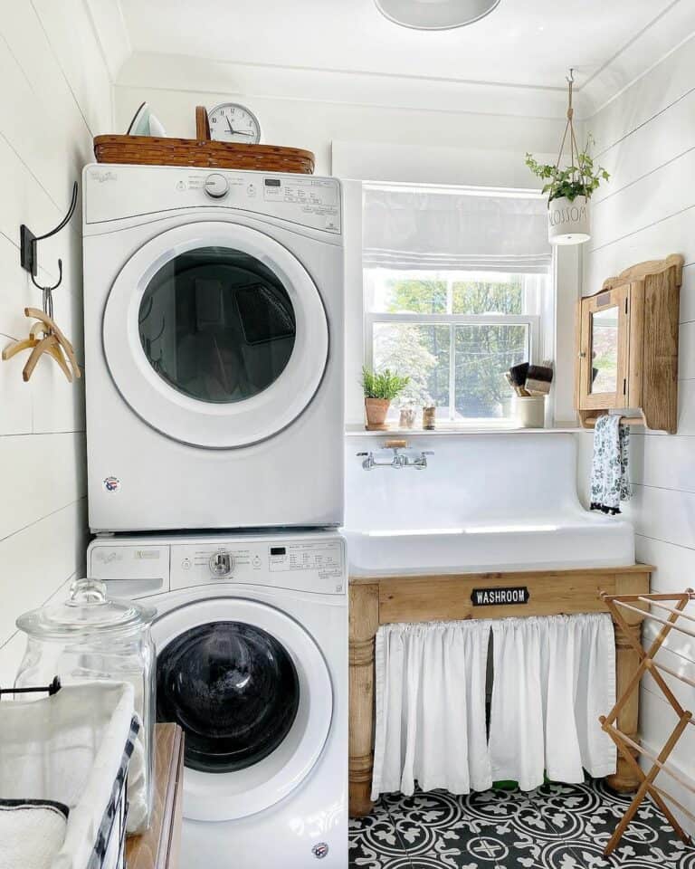 Drying Rack on an Ornate Black and White Tile Floor