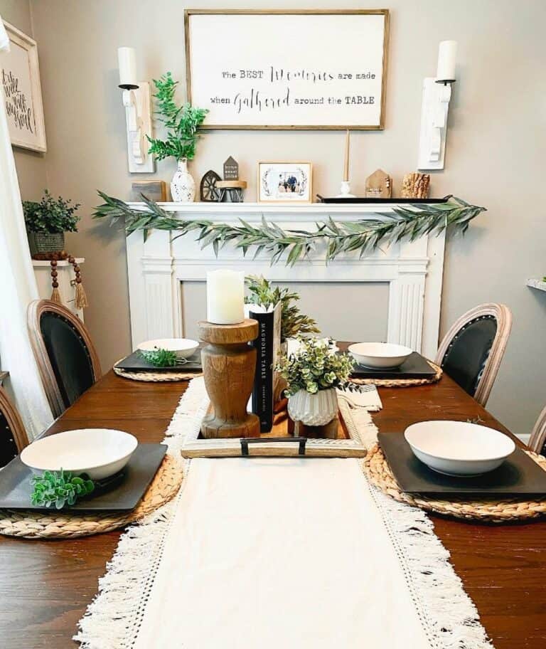Earth-toned Dining Room With a White Mantel