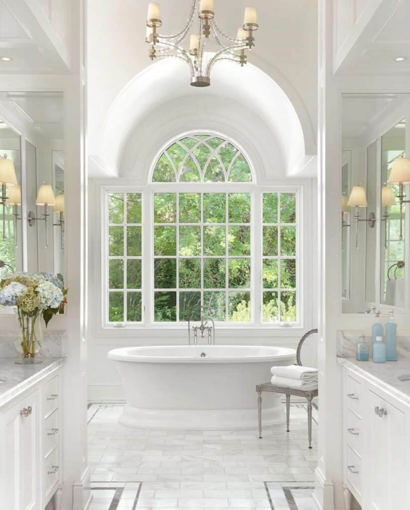 Elegant Bathroom With a Large Cathedral Window Grid Pattern