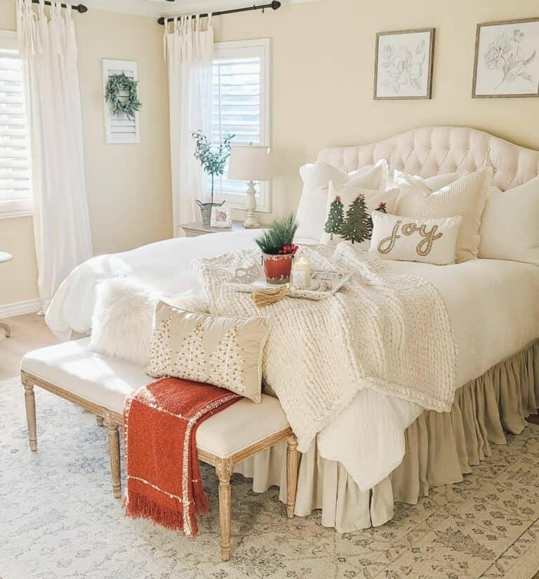 Elegant Farmhouse Bedroom With Orange Christmas Decorations