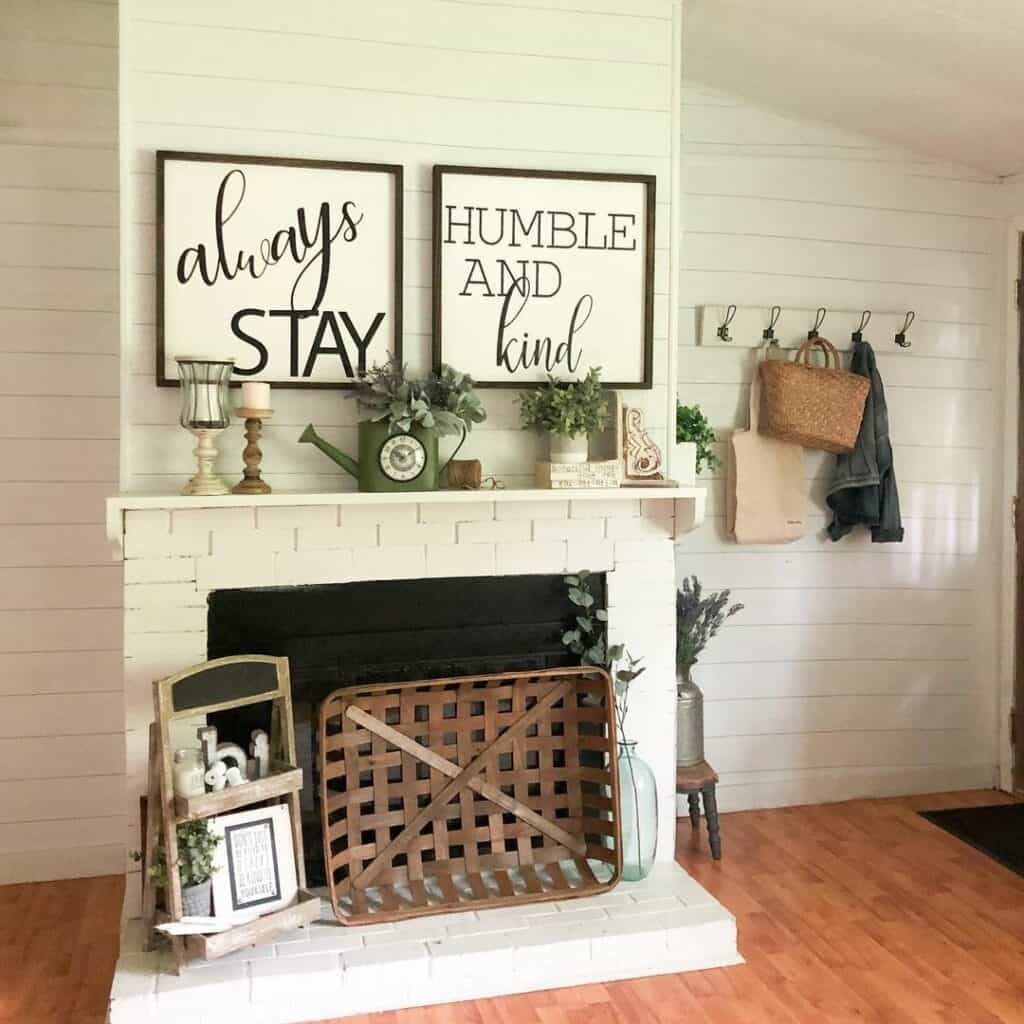 Empty White Brick Fireplace With Farmhouse Décor