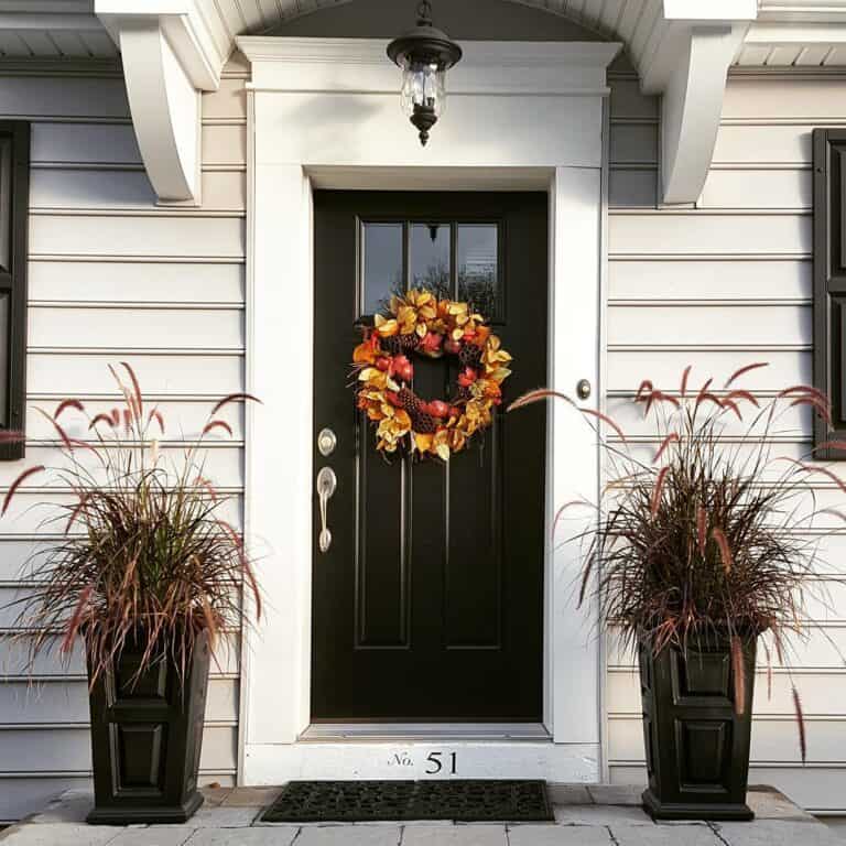 Fall Wreath and Black Front Door Planters