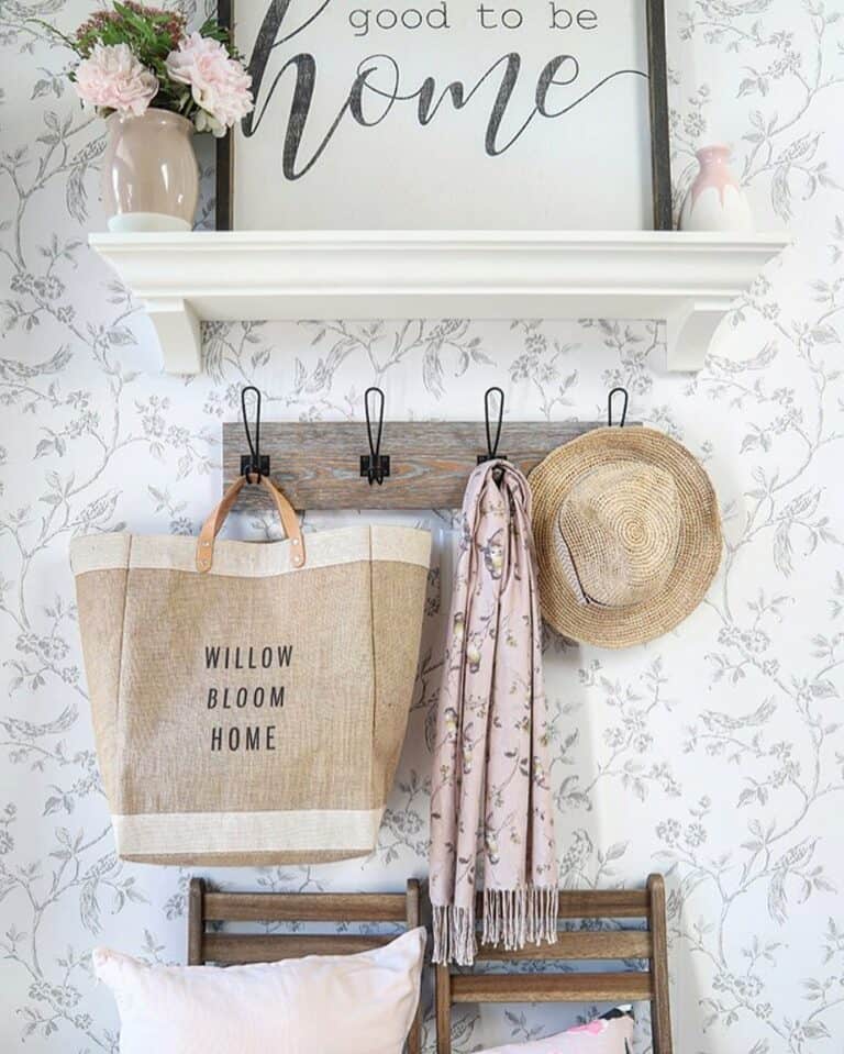 Farmhouse Black and White Wallpaper Shelf Décor With Charming Accents