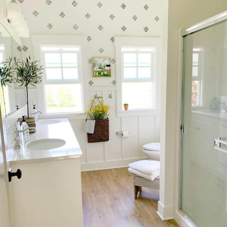 Farmhouse Cottage-inspired Black and White Wallpaper Bathroom