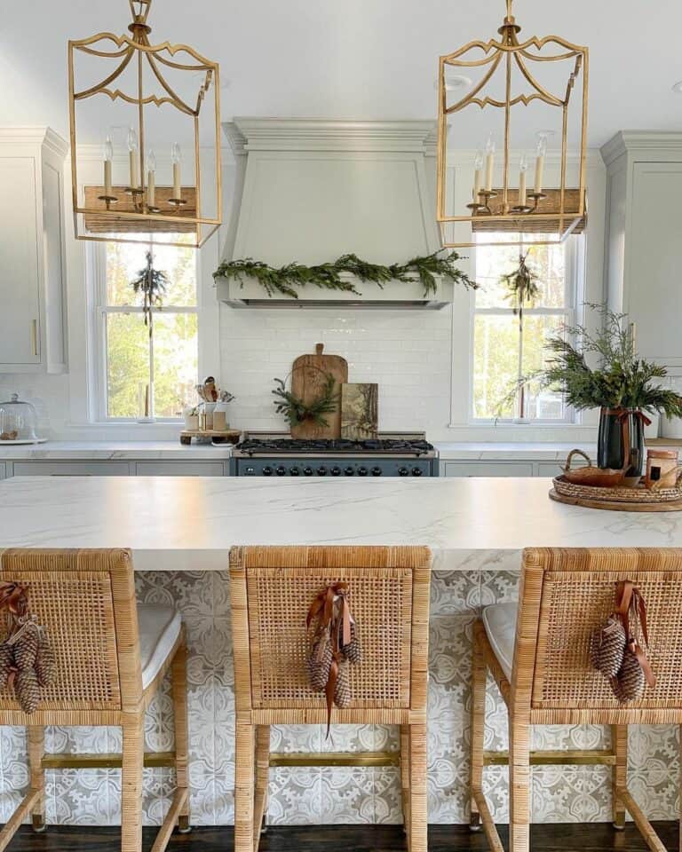 Farmhouse Kitchen With Bronze-accented Chandeliers