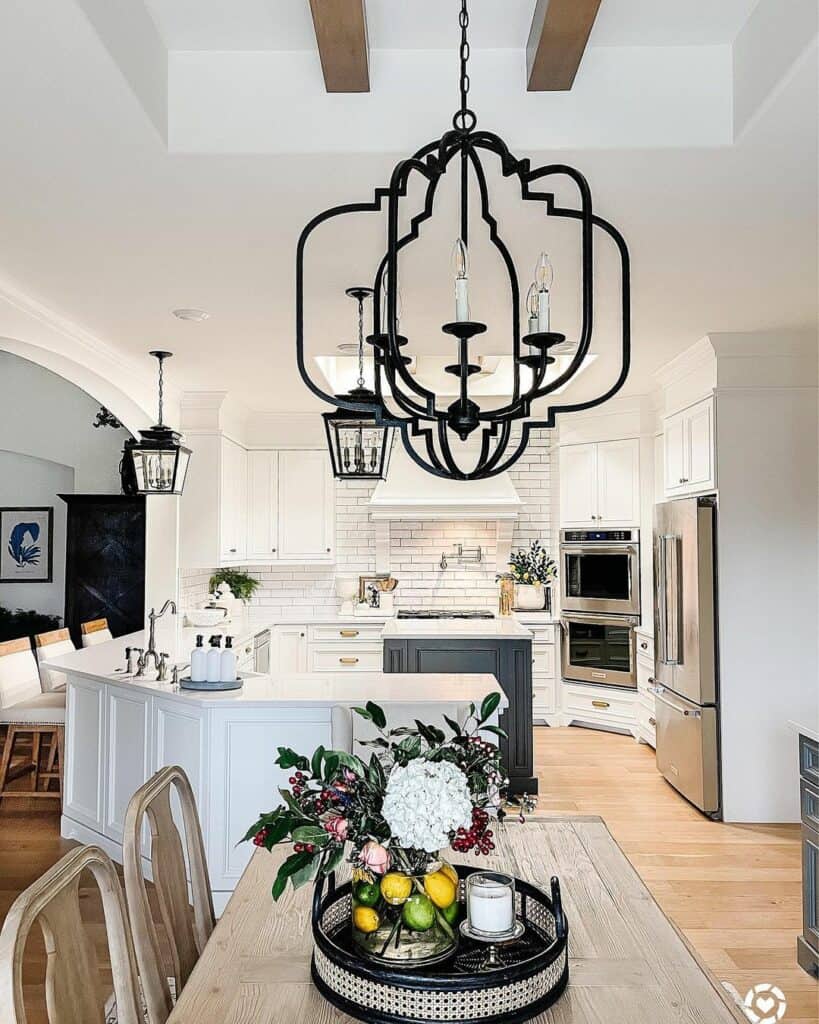 Farmhouse Kitchen With Chandelier and Pendant Lights