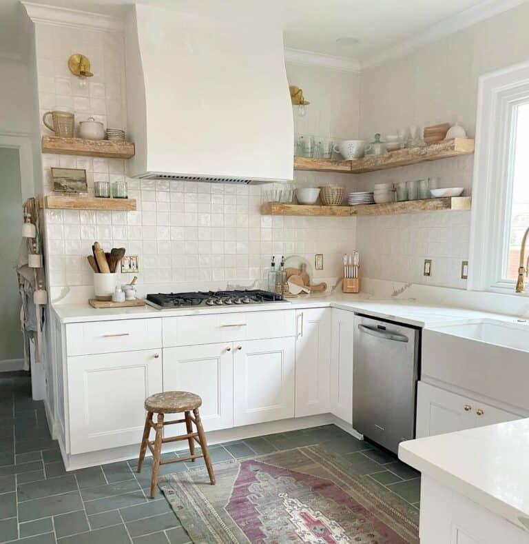 Farmhouse Kitchen With Open Shelving and White Walls