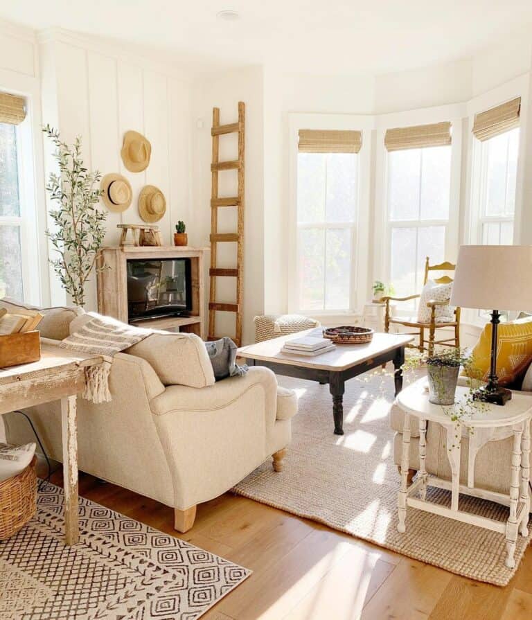 Farmhouse Living Room With Bay Windows