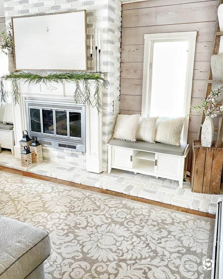 Farmhouse Living Room With Neutral Fireplace