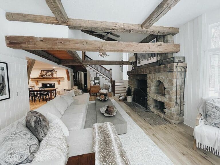 Farmhouse Living Room With Stone Fireplace Ideas