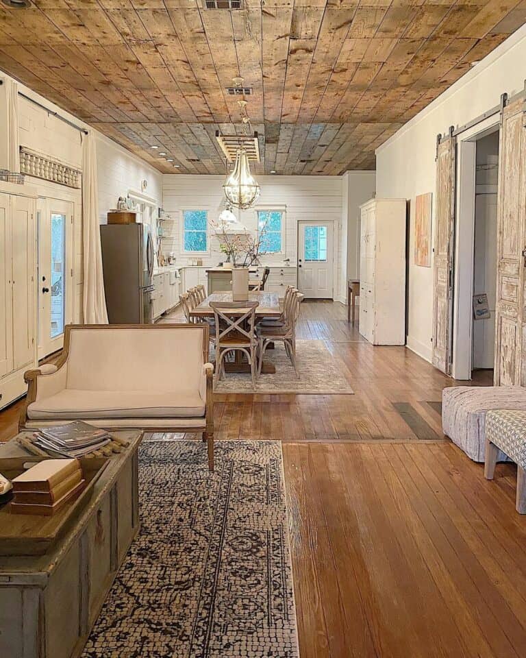 Farmhouse Wood Ceiling With Unique Light Fixture