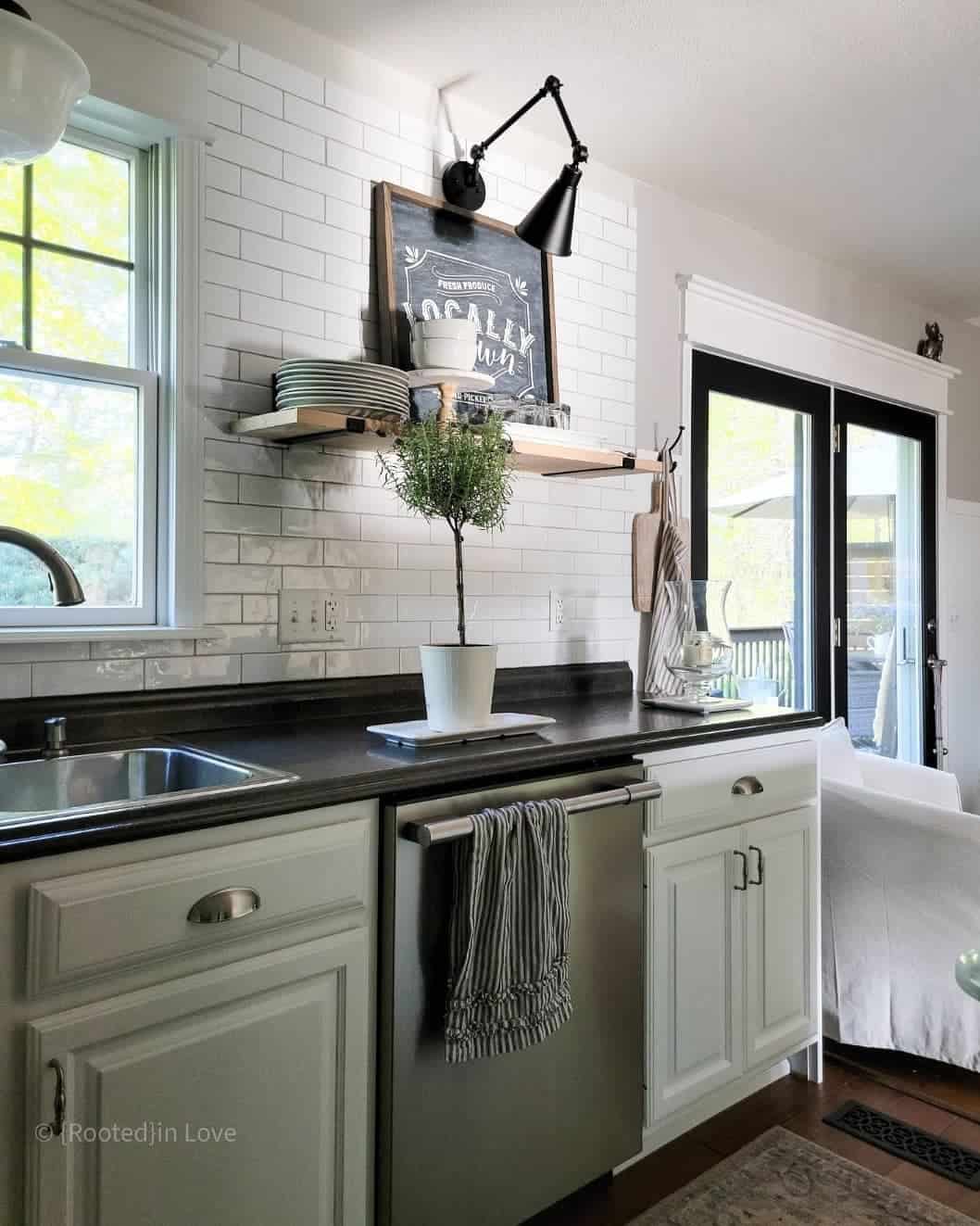 Farmhouse Wooden Shelf Over Black Countertops Soul & Lane
