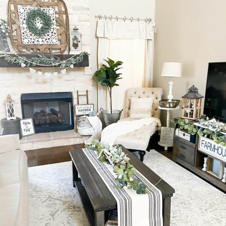 Farmhouse-inspired Living Room With Stone Fireplace