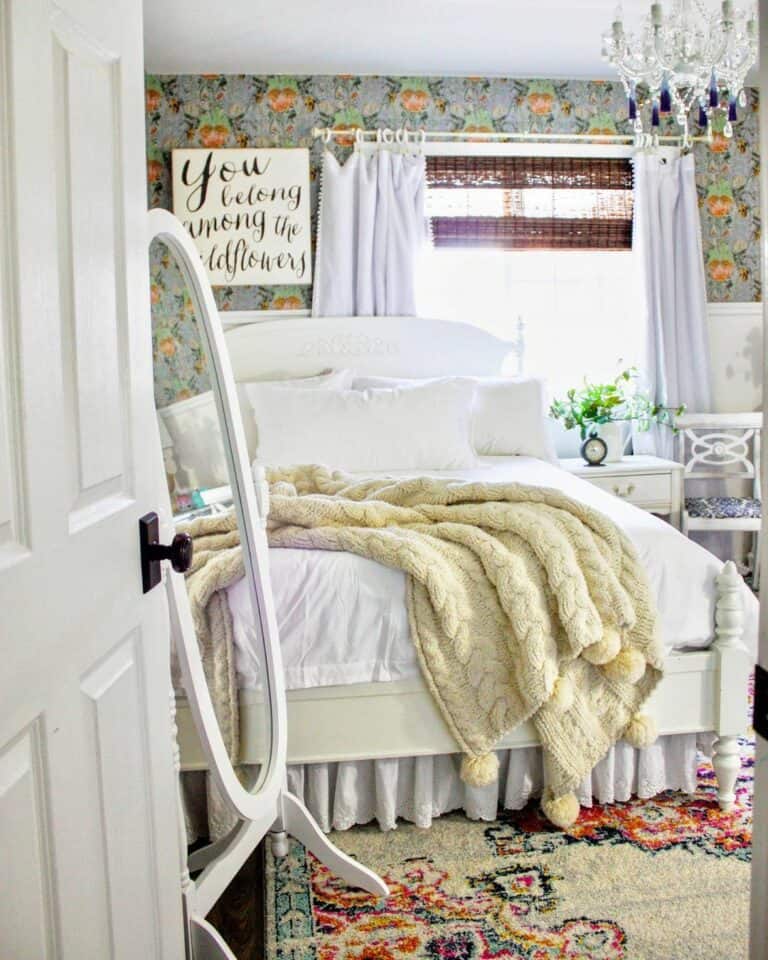 Farmhouse-styled Bedroom With Floral Cottagecore Wallpaper