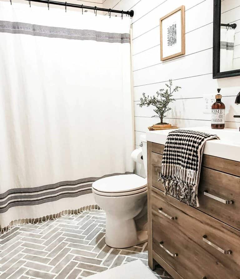 Faux Brick Herringbone Tile Bathroom Floor