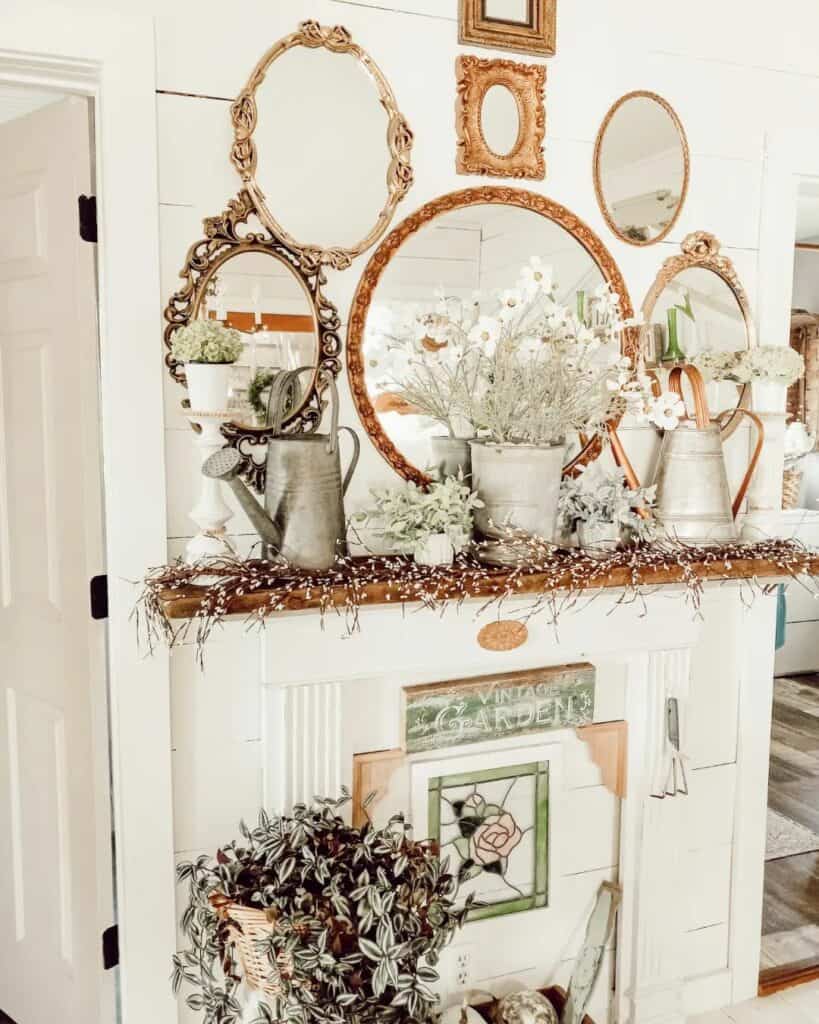 Faux Fireplace With White Floral Summer Mantel Décor