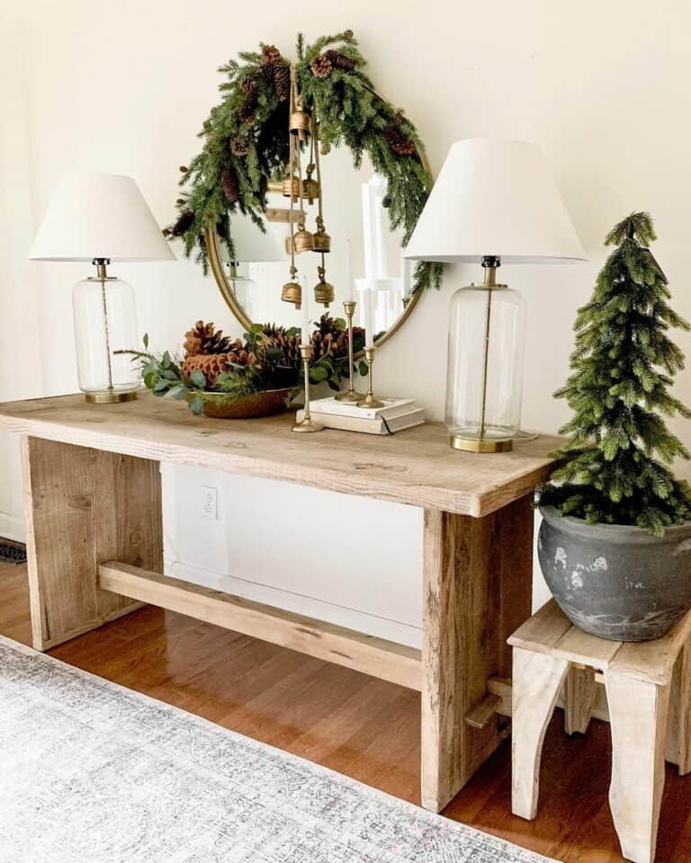 Festive Decorations on a Rough Wood Console Table