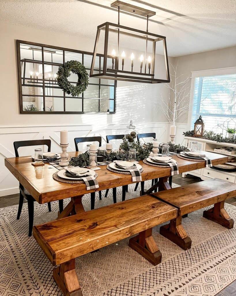 Festive Dining Room With Low Ceiling Farmhouse Chandelier