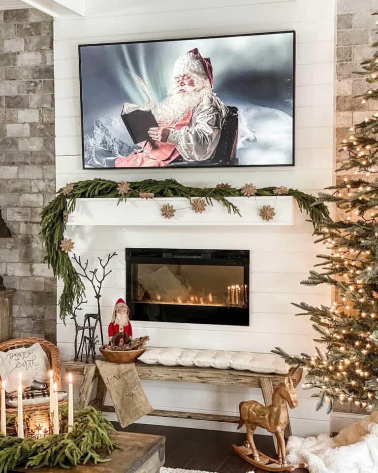Fireplace Bench With Black Deer Christmas Decorations