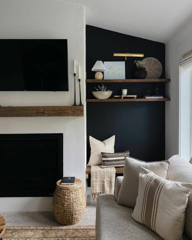 Floating Shelves Lighting With Black Accent Wall