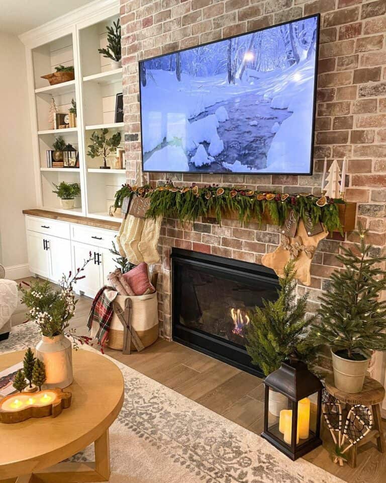 Floating Warm Wood Mantel With Orange Garland