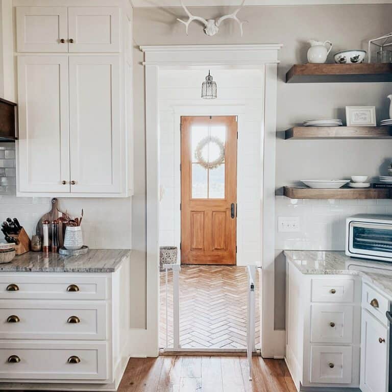 Floating Wood Shelves Beside Kitchen Doorway