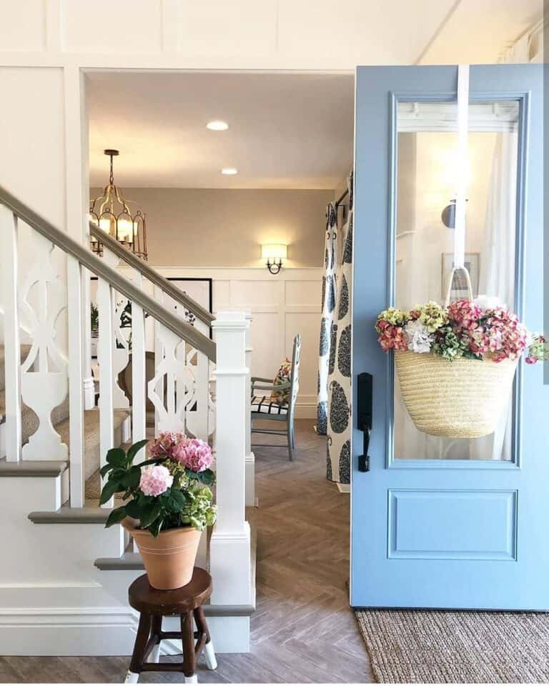 Flowers on a Light Blue Front Door