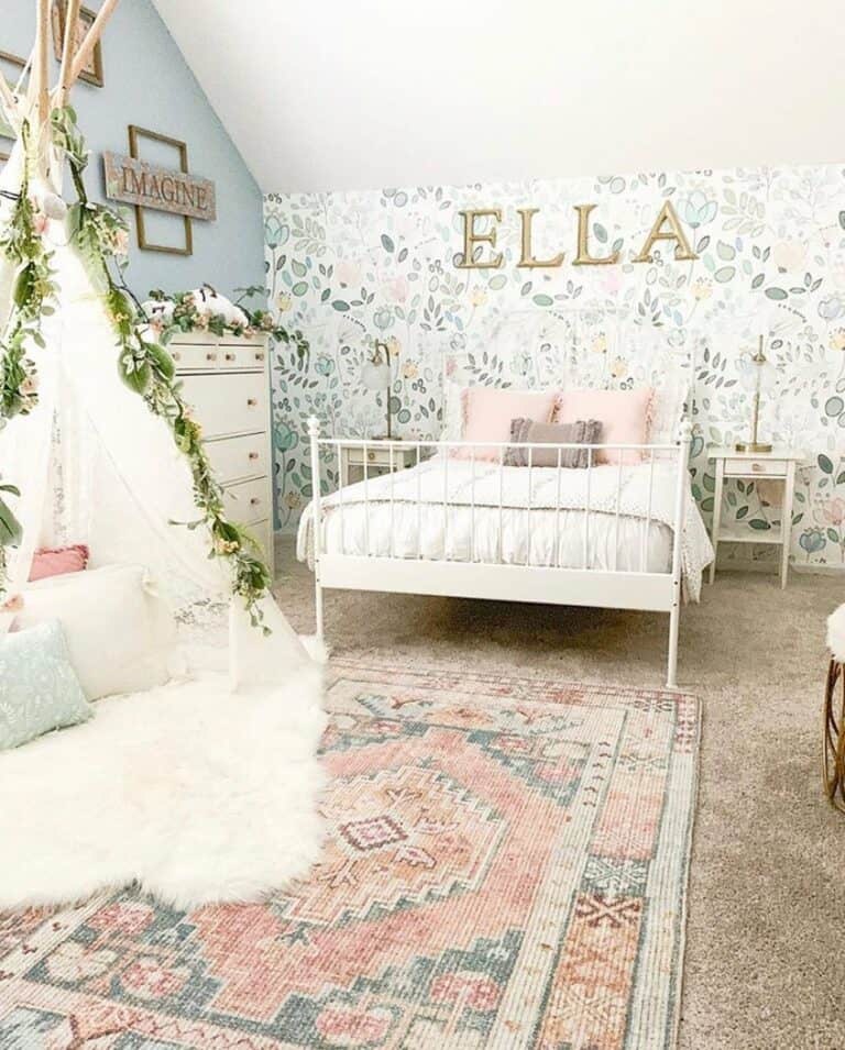 Flowery Girl's Bedroom With Floral Cottagecore Wallpaper