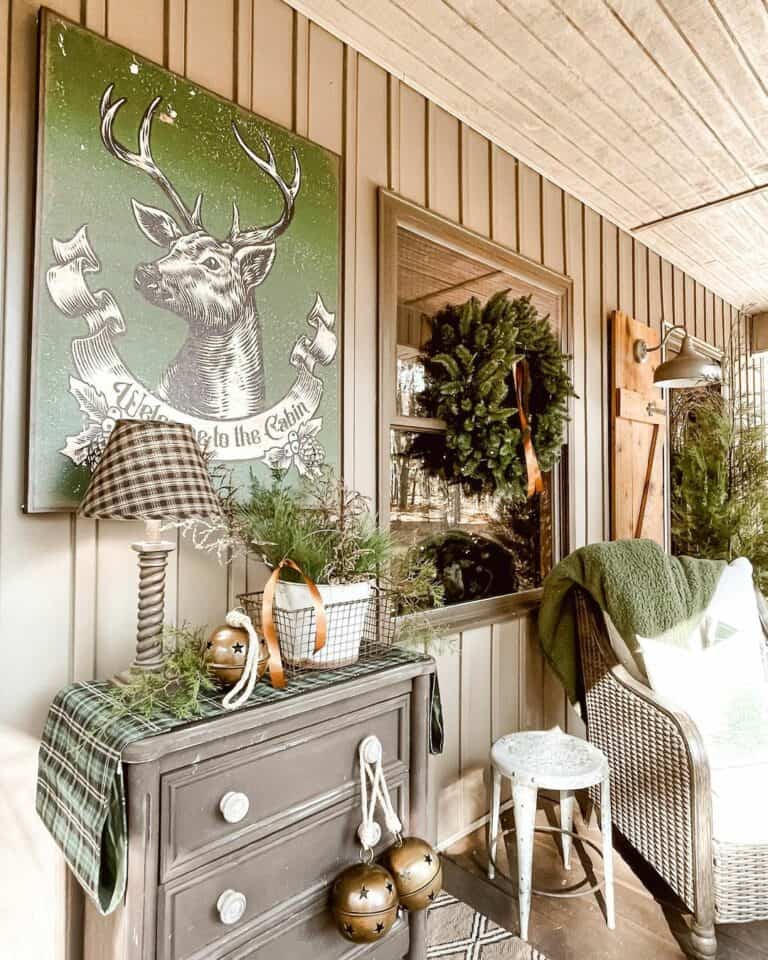 Front Porch With Green Reindeer Artwork