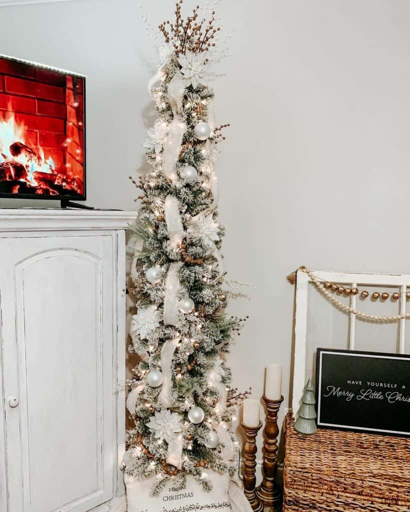 Frosted Skinny Christmas Tree With White Ornaments