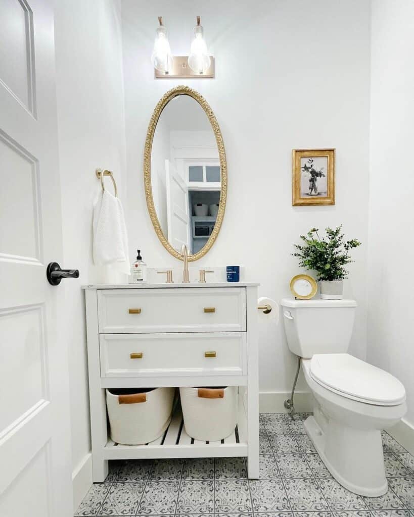 Gold Frame and White Basket Bathroom Design