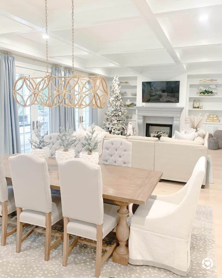 Gold Linear Chandelier Over Wood Dining Table