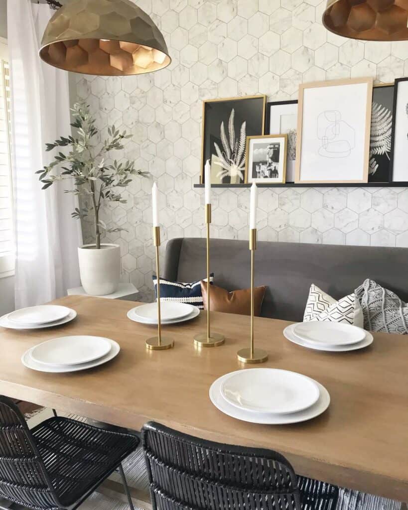 Golden-accented Dining Room With Hexagonal Wallpaper