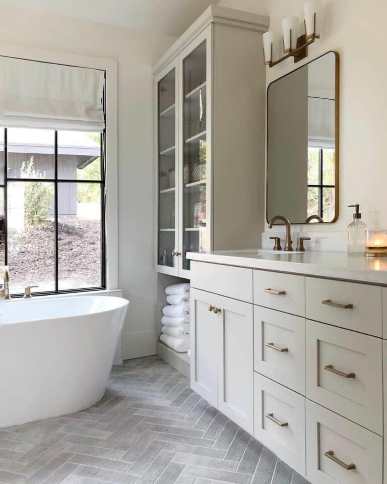 Gorgeous Bathroom With Herringbone Gray TIle