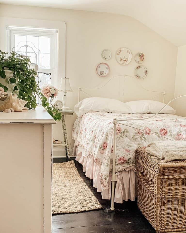 Gorgeous Floral Bedroom With Plate Gallery Wall