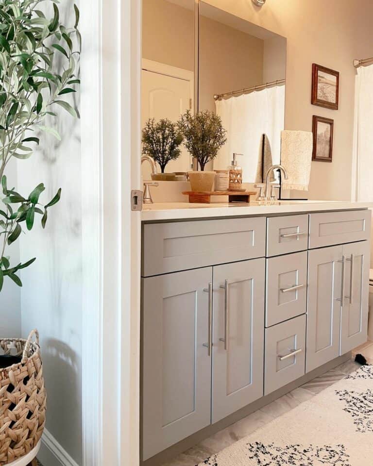 Gray Bathroom Cabinets With Plants