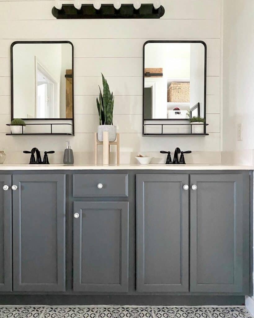 Gray Bathroom With Black Metal Vanity Mirrors Soul & Lane