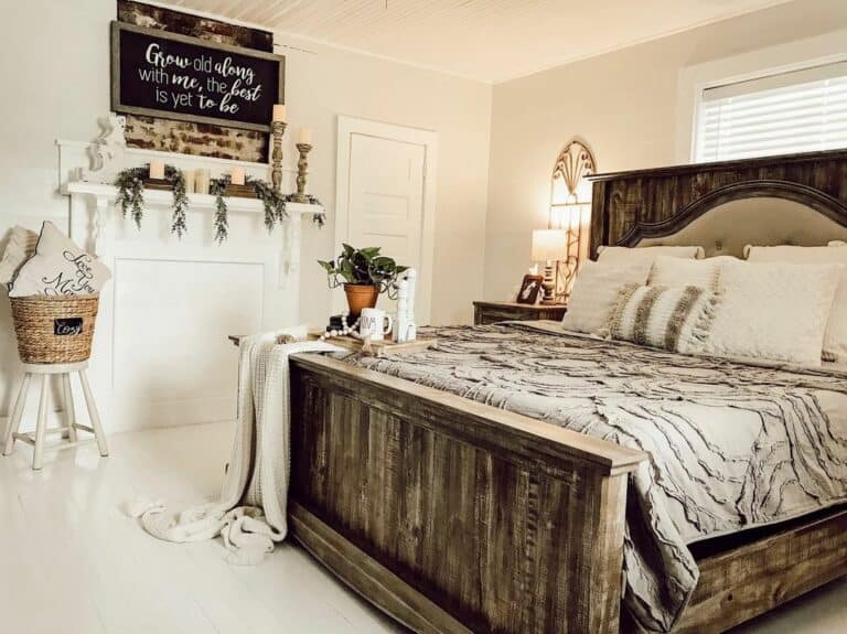Gray Coverlet on a Rustic Wood Bed