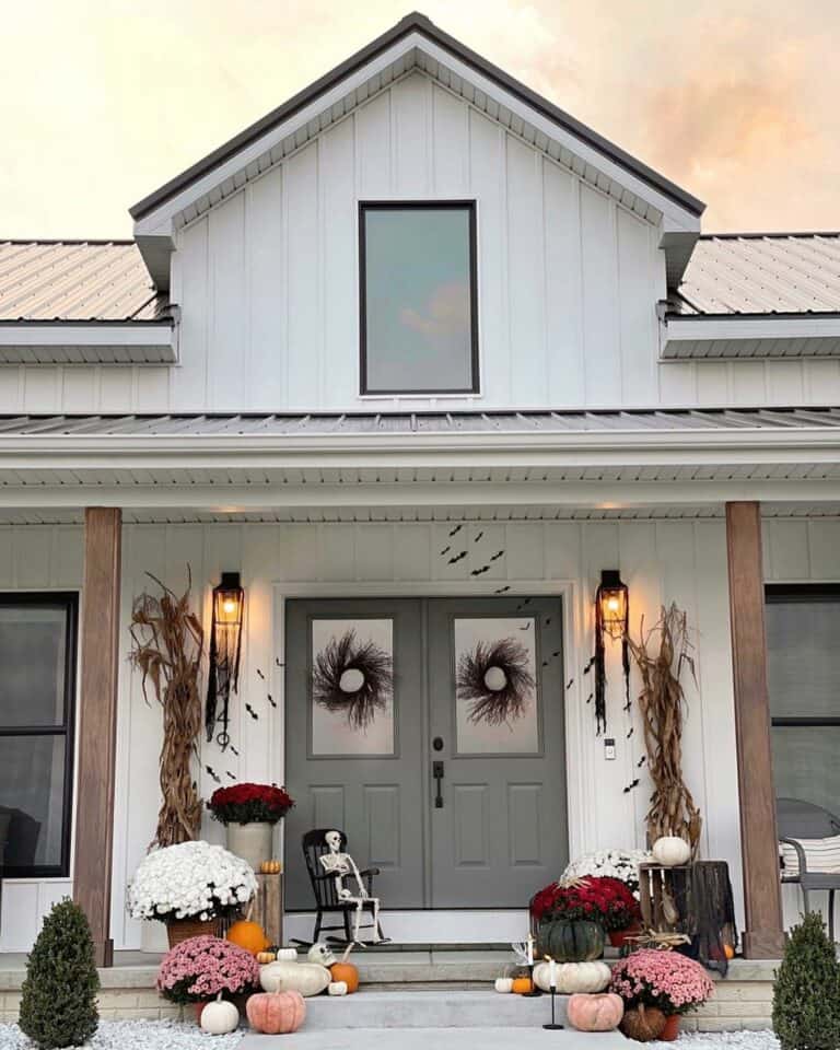 Gray Double Door Entrance With Halloween Décor