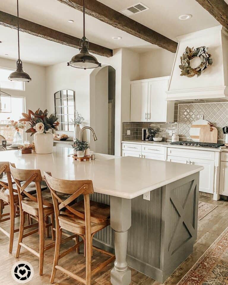 Gray Farmhouse Island and Wood Ceiling Beams