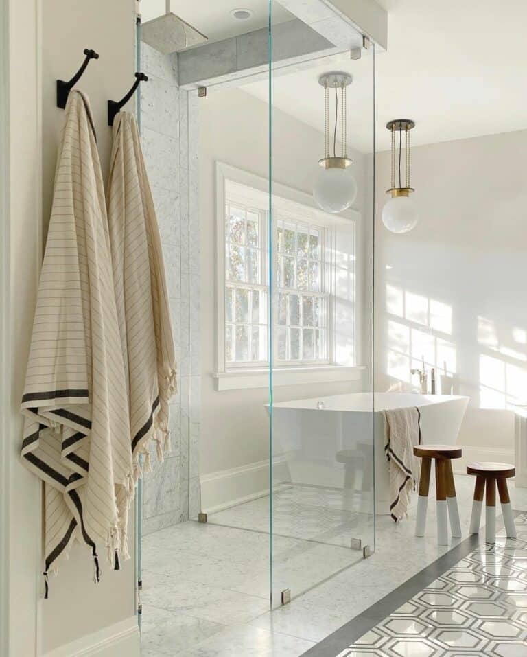 Gray Marble Walk-in Shower With Glass Enclosure