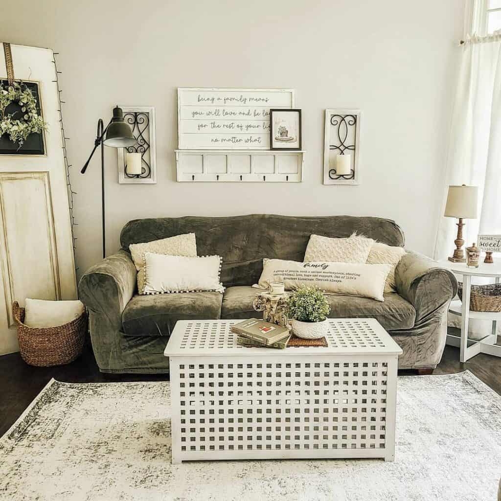 Gray Sofa Under White Shelf with Hooks