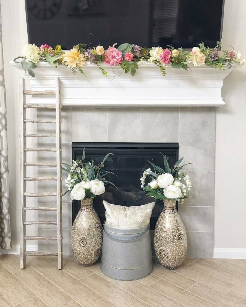 Gray Tile Fireplace With Floral Summer Décor