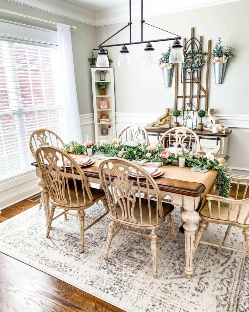 Gray and White Dining Room With Floral Accents