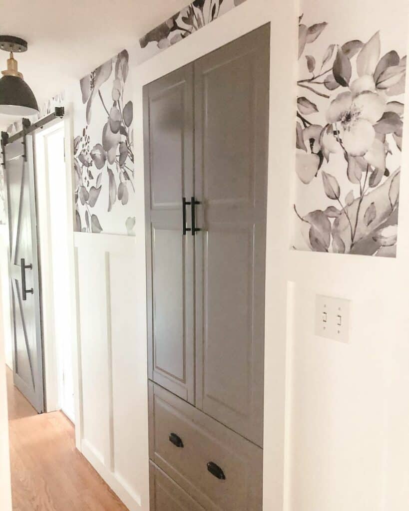 Gray and White Hallway Showcases Floral Wallpaper