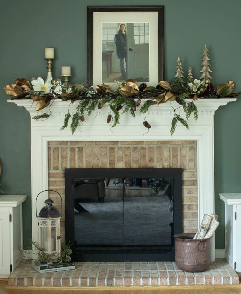 Green Family Room With Brick Fireplace