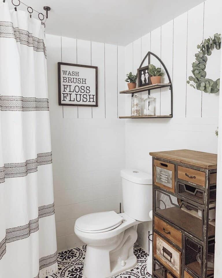 Green Wreath Above Rustic Wood Shelves