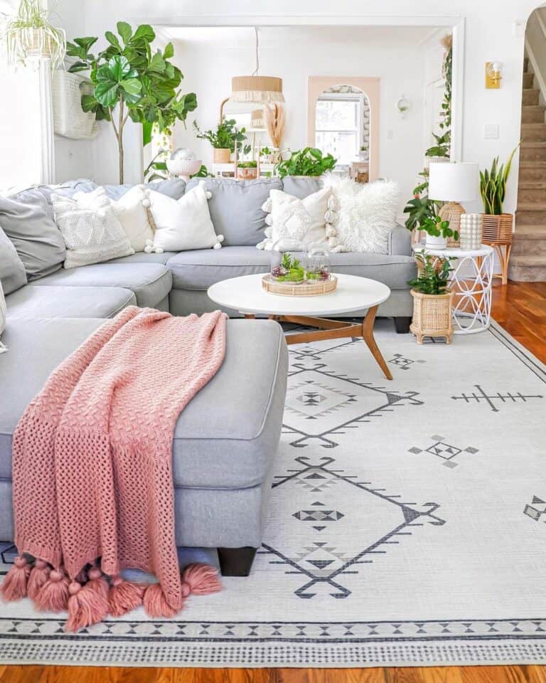 Grey Sectional and Geometric Area Rug